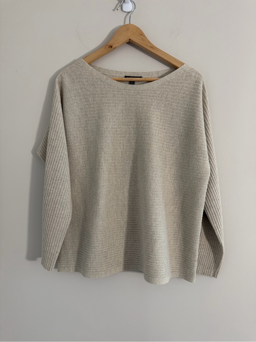 Eileen Fisher 100% Wool Seeater Womens M Beige Dolman Ribbed Pullover Minimalist - Picture 2 of 9